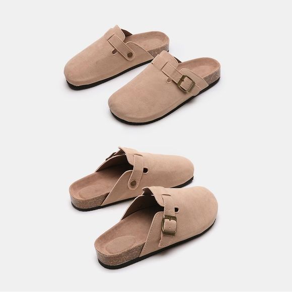 Camel Colored Suede Closed Toe Buckle Slide - Picture 5 of 5